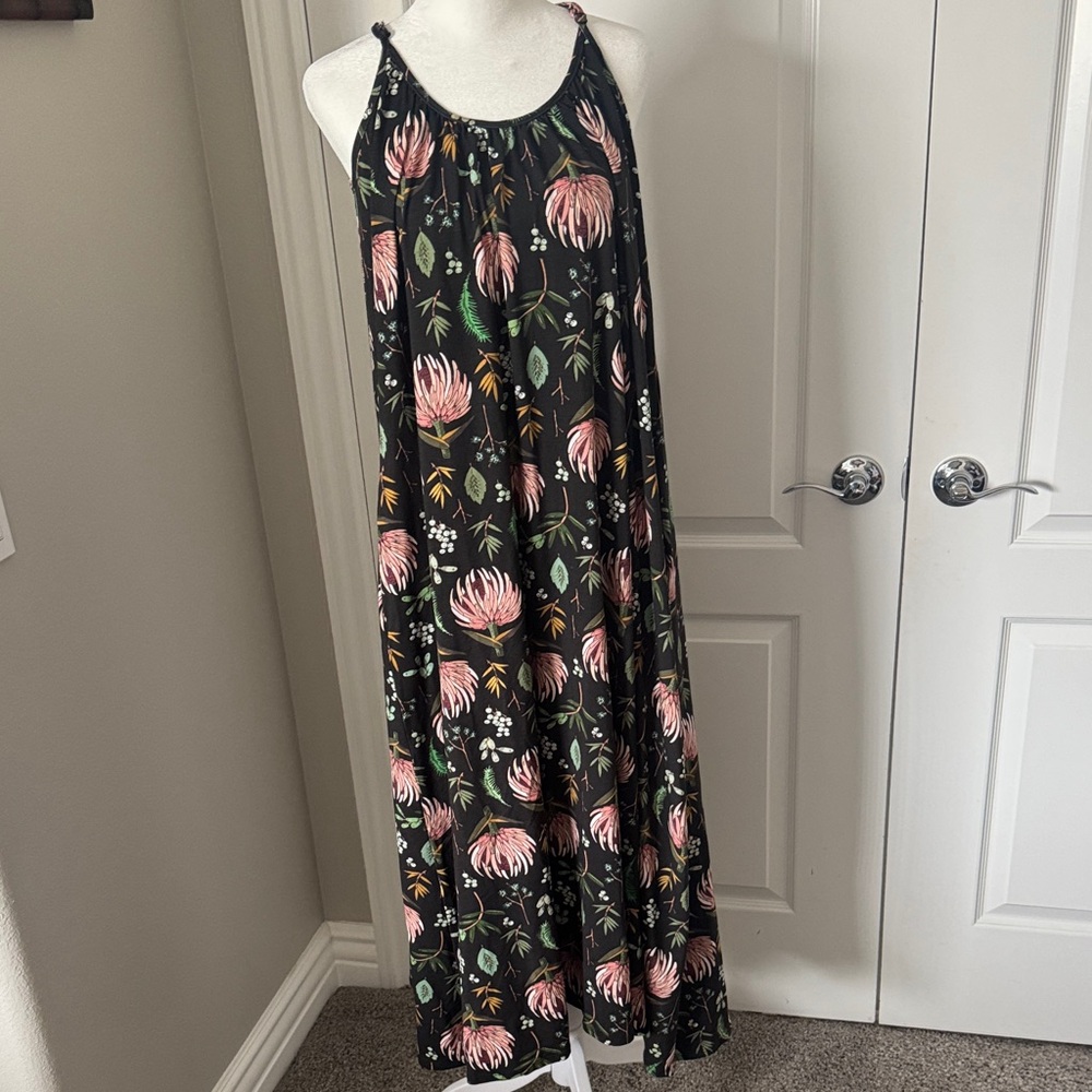 Black Floral Halter Maxi Dress with Pink Blooms